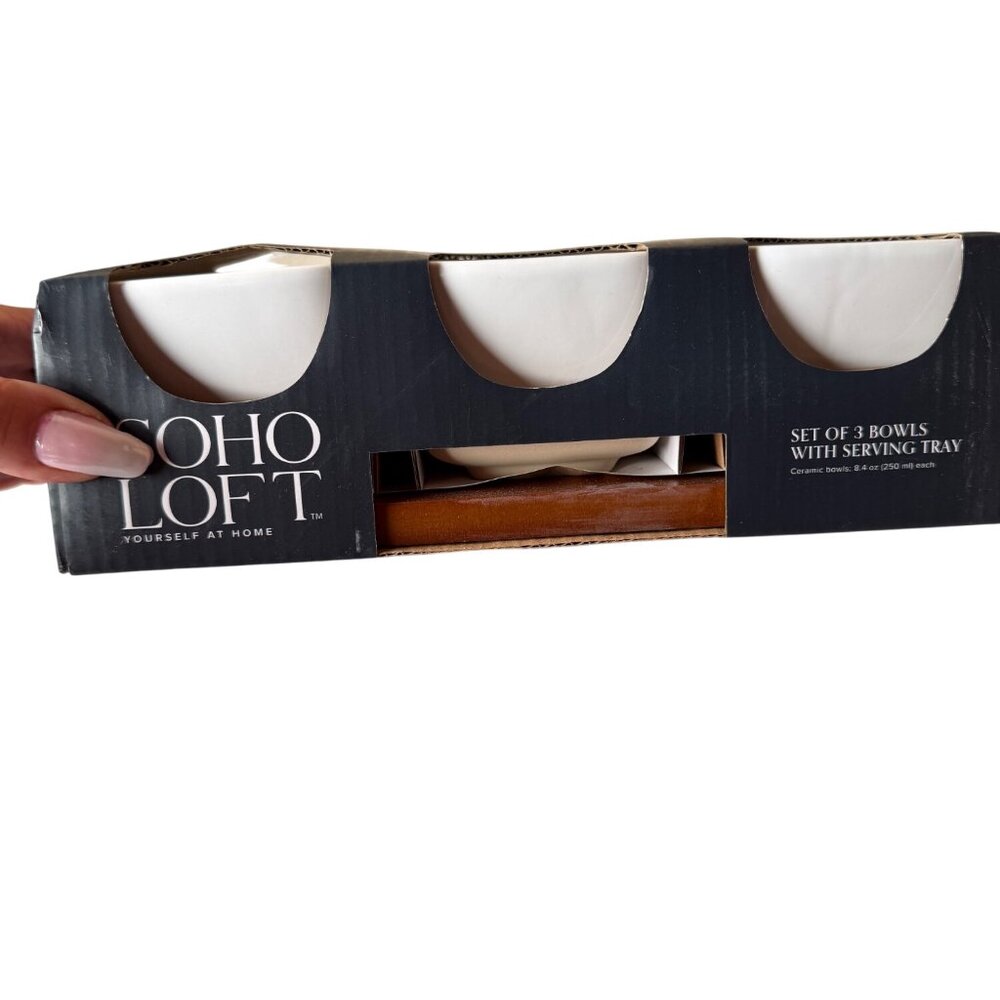 Soho Loft Set Of 3 Ceramic Bowls With Wooden Serving Tray 8.4 Oz Each NIB - Picture 3 of 4